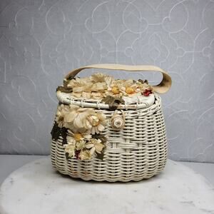 VTG Handmade Floral Wicker Nantucket Basket Purse White Ribbon Handle